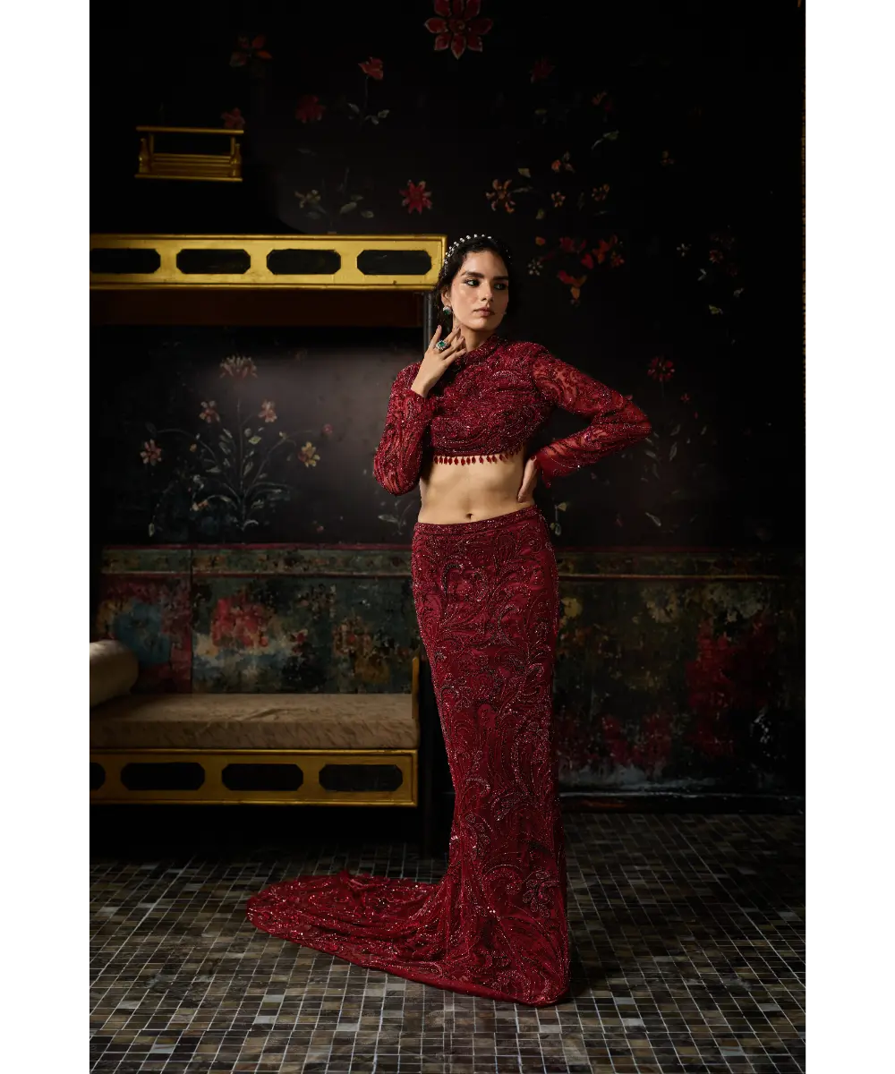 DIYARAJVVIR - MAROON EMBELLISHED TRAIL SKIRT SET